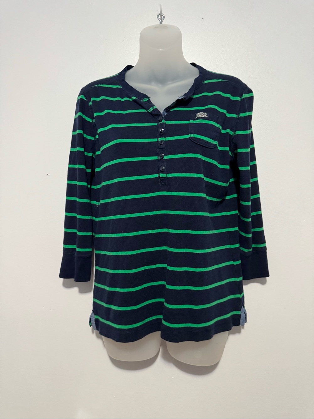 Lauren Ralph Lauren Striped Navy and Green Henley 3/4-length Sleeve Top